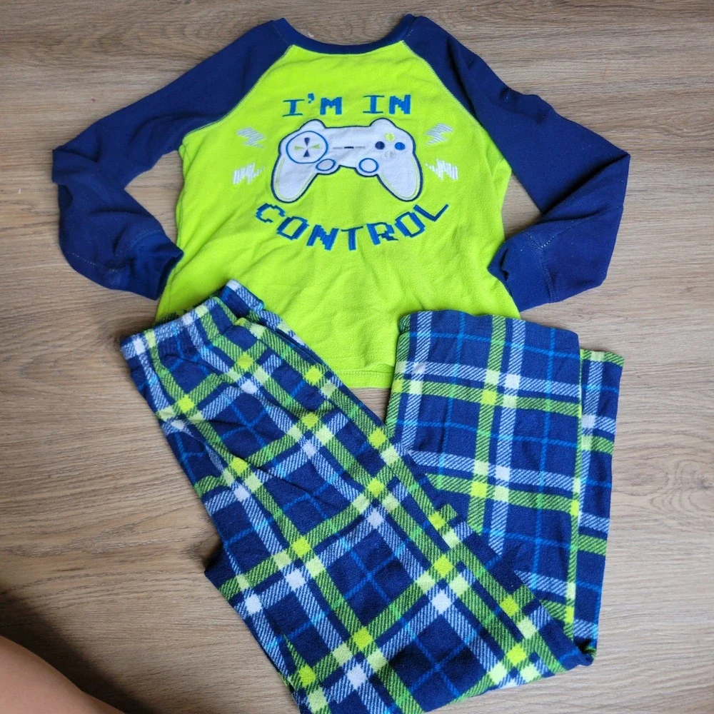 Member's Mark Pajama Set Boys Size 6 Green Blue Gamer Plaid Fleece 2pc Sleepwear